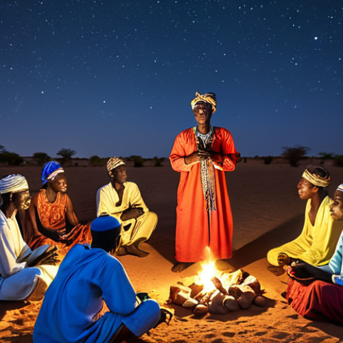 **

A vibrant scene depicting a Chadian storyteller surrounded by villagers in traditional clothing, under a starry Sahel night sky. The storyteller is animatedly recounting a folk tale, emphasizing themes of good versus evil with animal characters. Capture the oral tradition and rich cultural heritage of Chad.

**