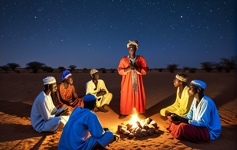 **

A vibrant scene depicting a Chadian storyteller surrounded by villagers in traditional clothing, under a starry Sahel night sky. The storyteller is animatedly recounting a folk tale, emphasizing themes of good versus evil with animal characters. Capture the oral tradition and rich cultural heritage of Chad.

**