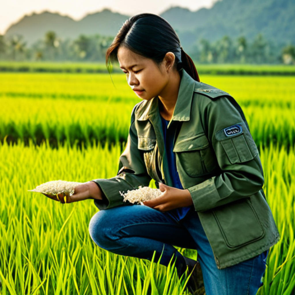 차드에서 드론 사용 가능 여부 - **Prompt:** A female agronomist, fully clothed in a khaki field jacket and jeans, examining a rice p...