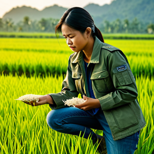 차드에서 드론 사용 가능 여부 - **Prompt:** A female agronomist, fully clothed in a khaki field jacket and jeans, examining a rice p...