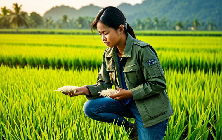 차드에서 드론 사용 가능 여부 - **Prompt:** A female agronomist, fully clothed in a khaki field jacket and jeans, examining a rice p...
